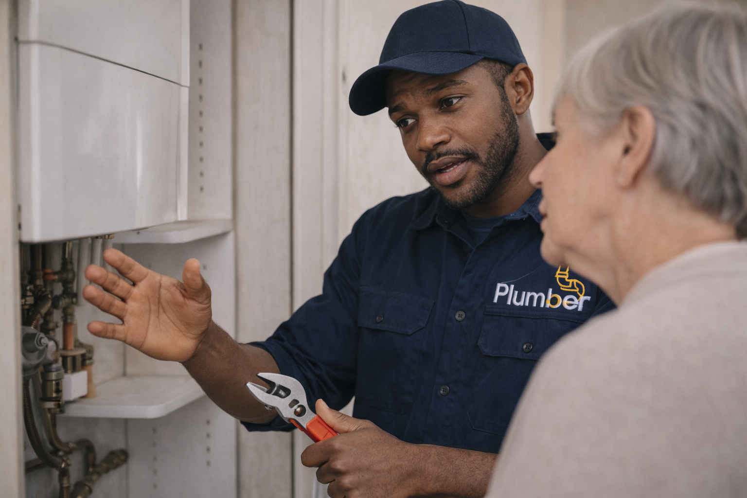 Plumber explaining boiler system to homeowner