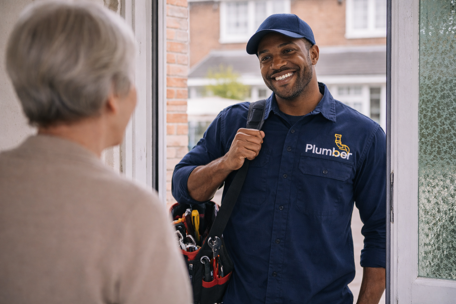 Plumber arriving at customer doorstep with tool bag
