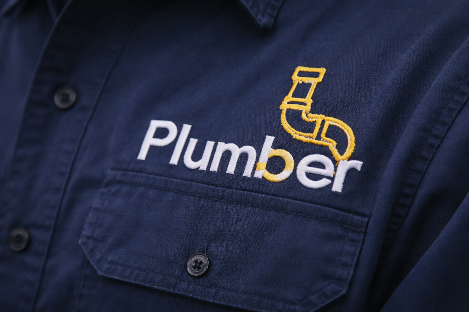 Plumber branded uniform logo embroidered on navy shirt