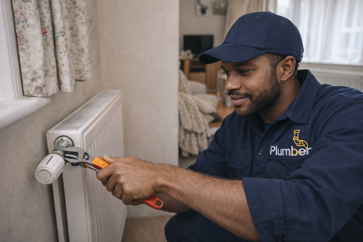 Plumber servicing radiator valve