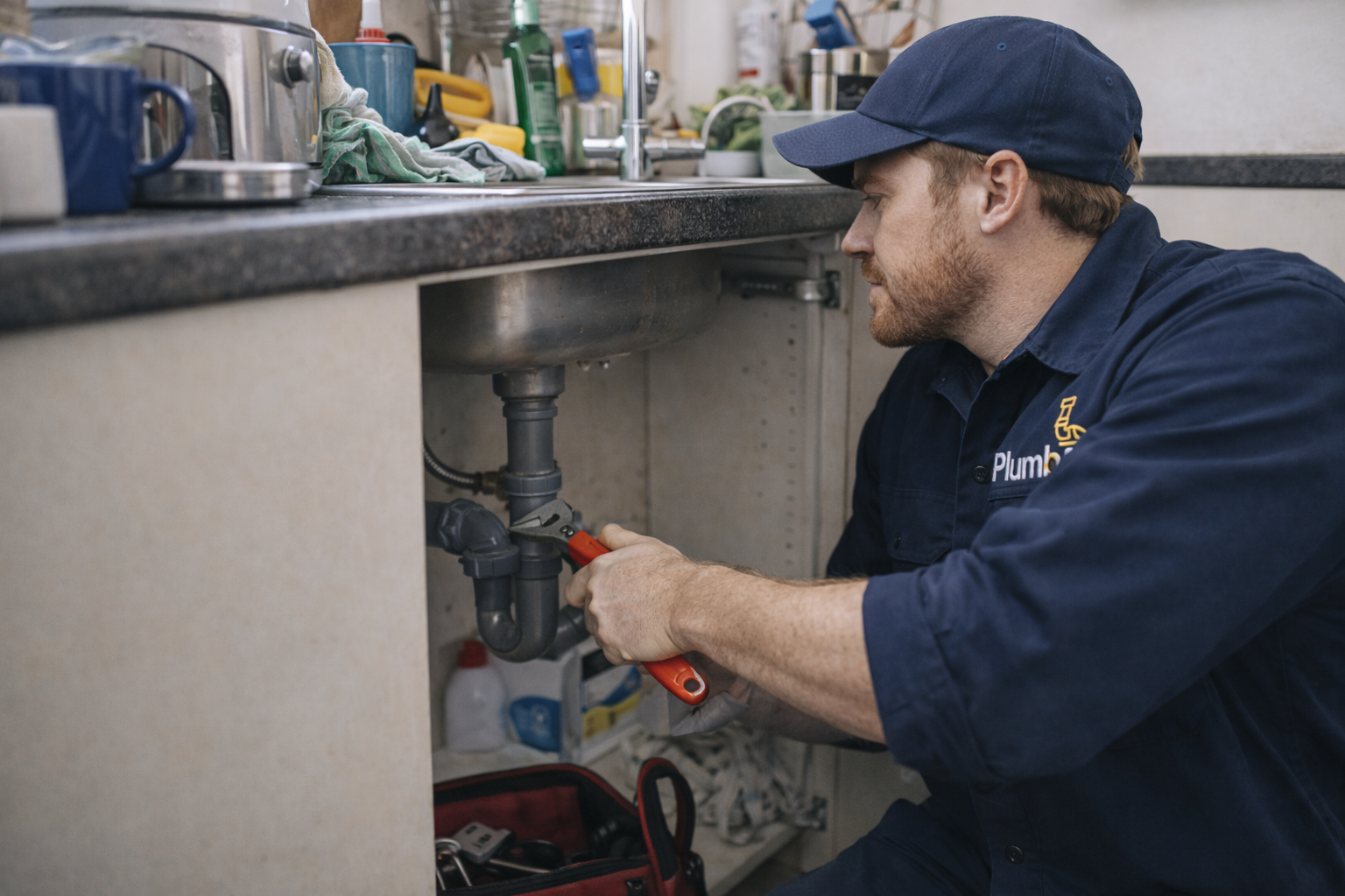 Plumber repairing pipes under kitchen sink