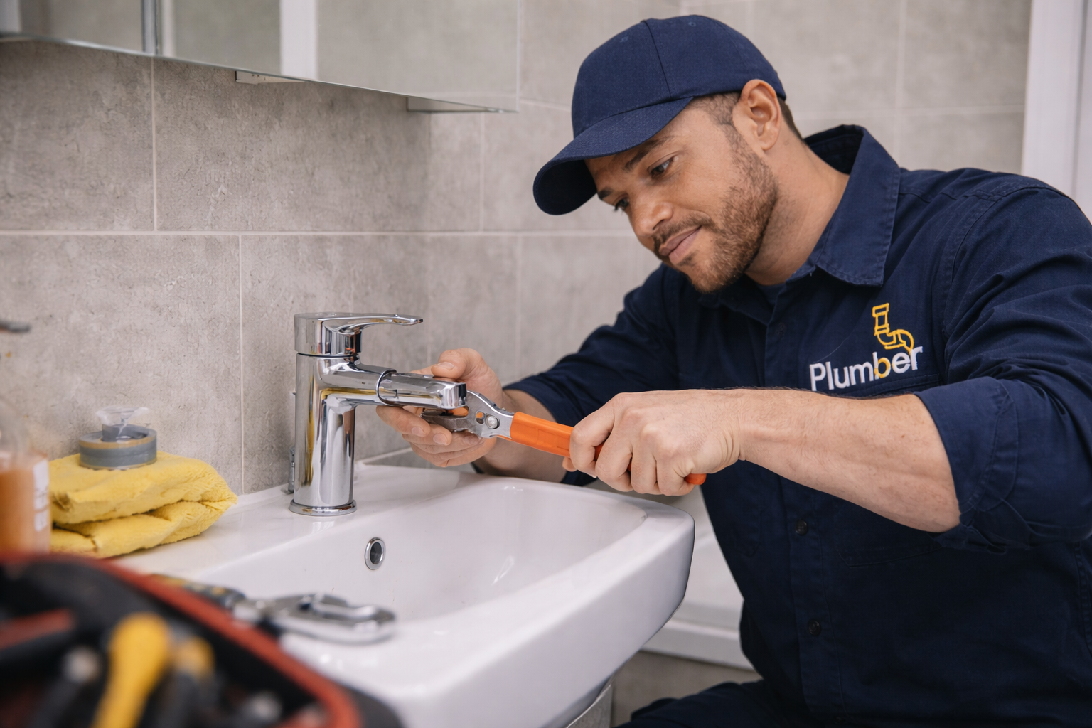 Plumber installing bathroom tap
