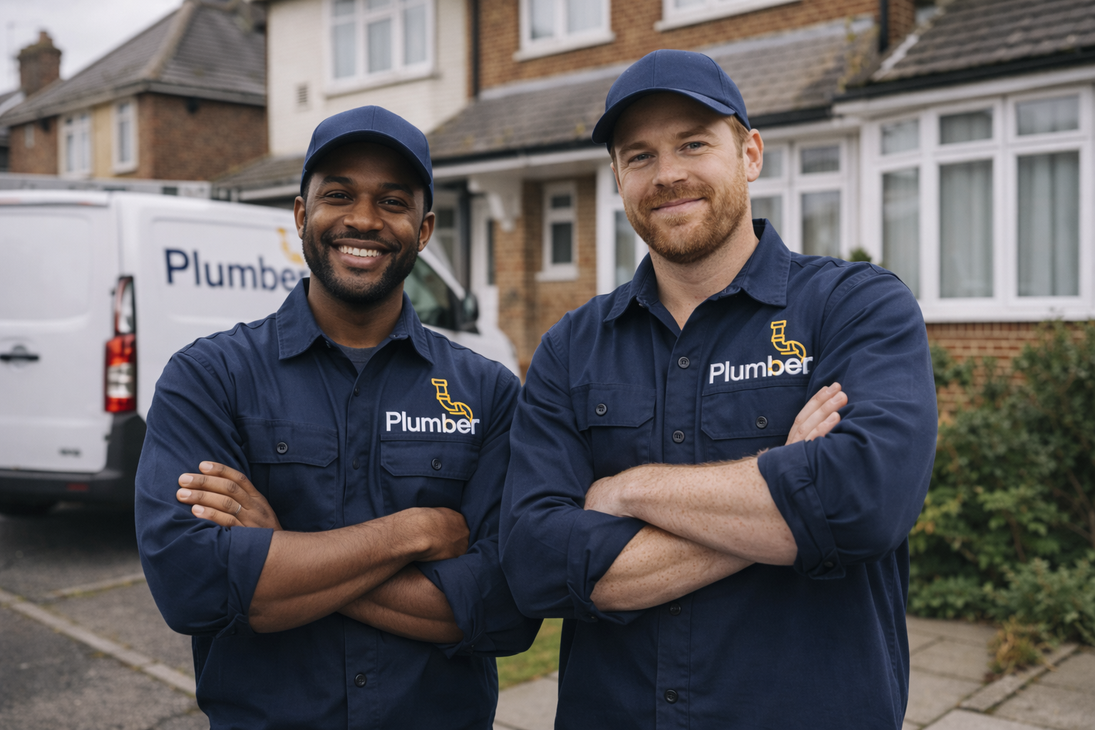 My London Plumbers team in branded uniforms outside a South London home